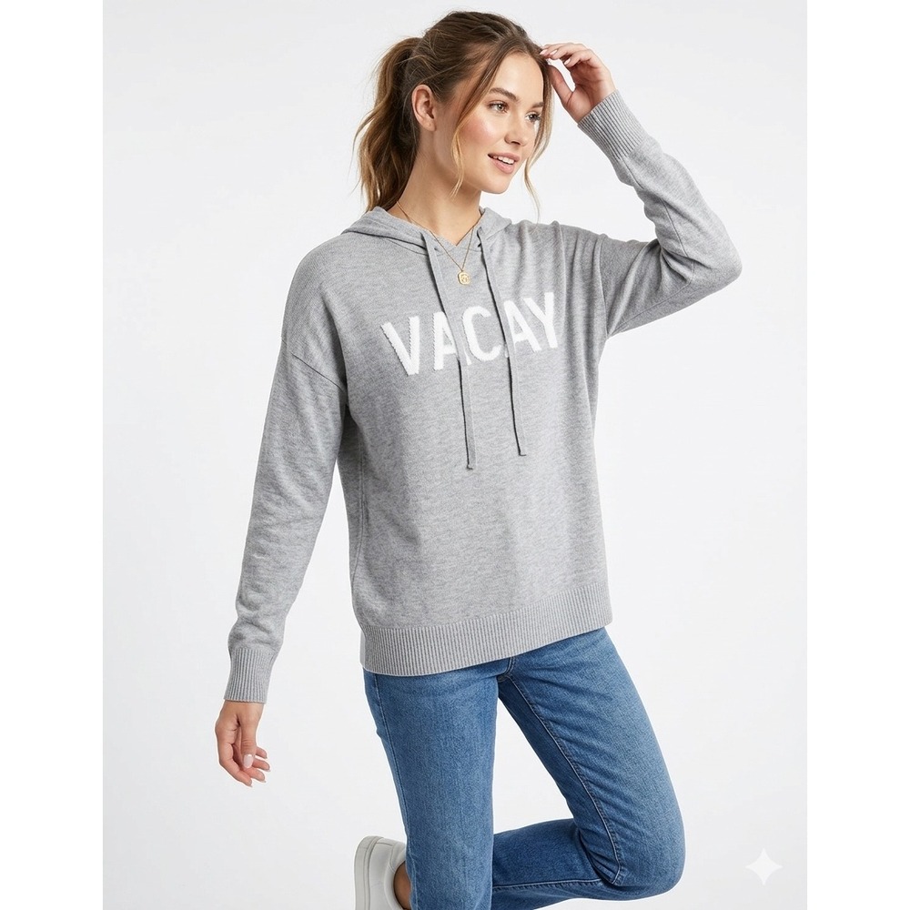 Rachel Zoe Vacay Cashmere Blend Knit Hoodie Sweater Gray Large